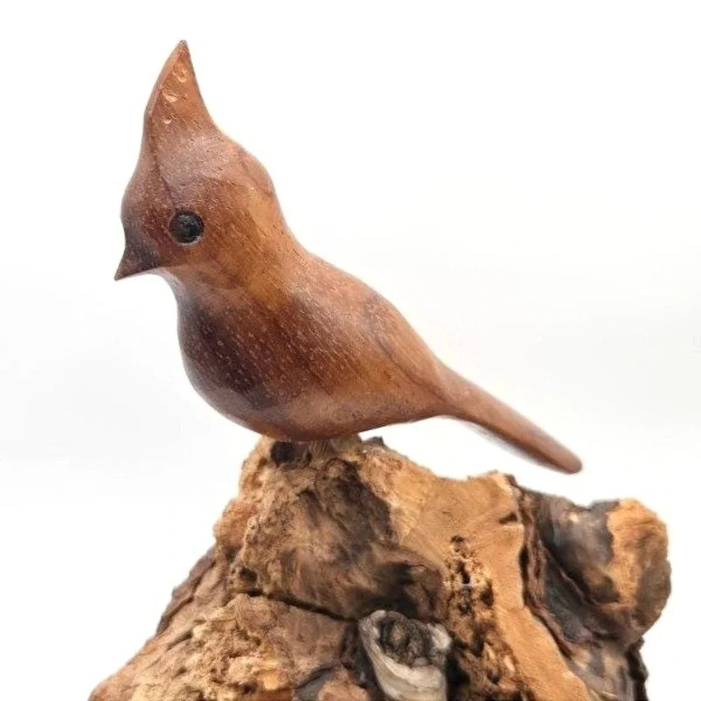 Hand Carved Wooden Bird on Driftwood Base • Rustic Folk Art Woodland‎ Decor